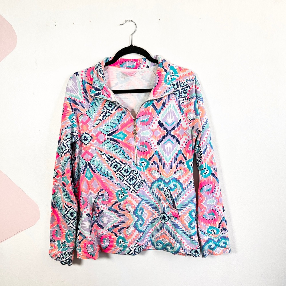 Lilly Pulitzer Skipper Popover Quarter Zip Sweatshirt Multi Color Print Medium